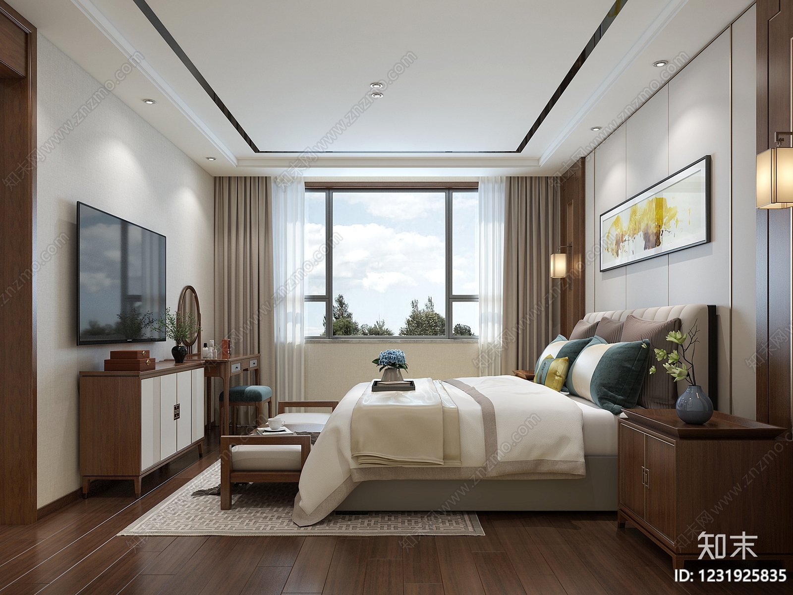 新中式主卧3D模型下载【ID:1231925835】