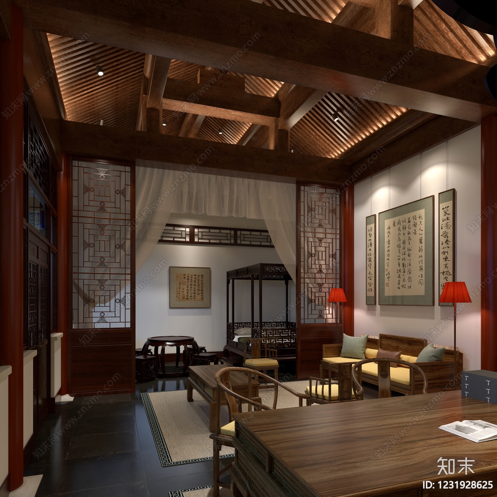 中式宋式客厅3D模型下载【ID:1231928625】