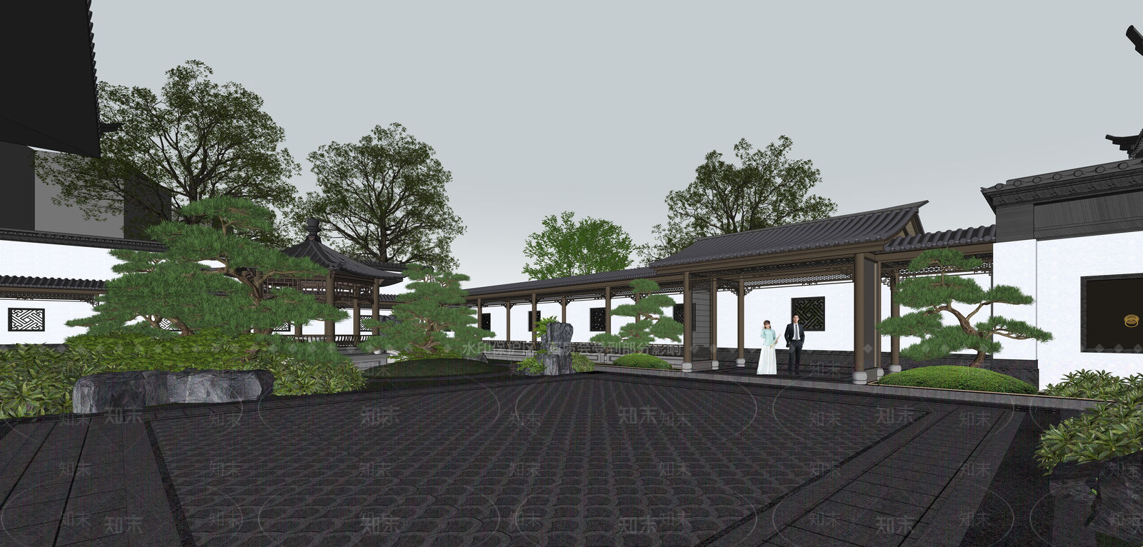 新中式景观别墅SU模型下载【ID:1231935352】