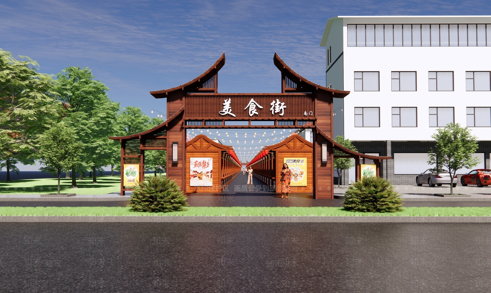 新中式美食城SU模型下载【ID:1231950491】