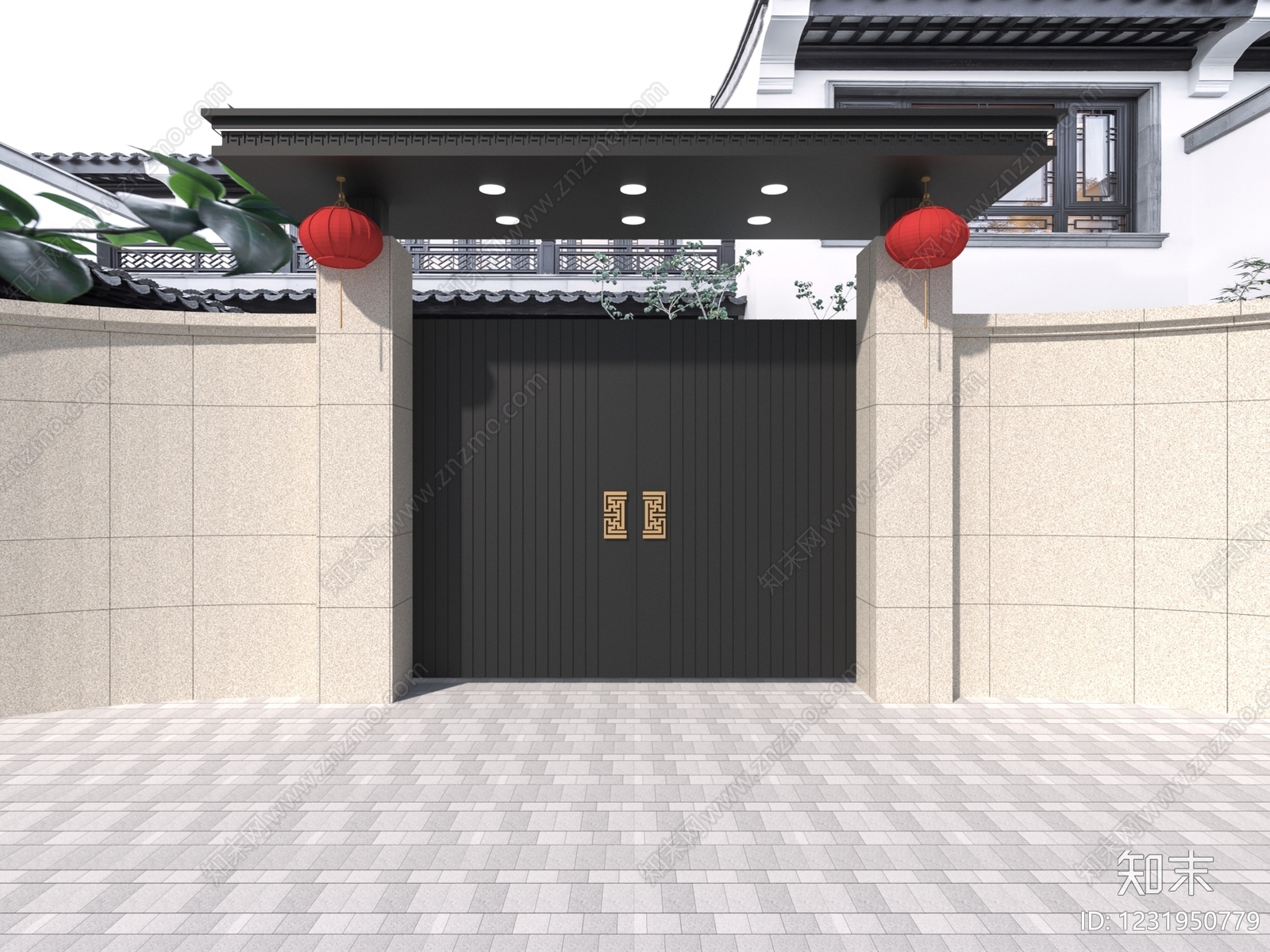 新中式大门3D模型渲染效果图