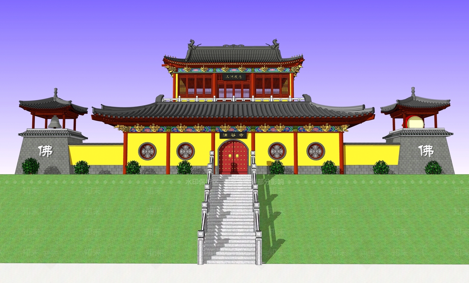 中式古建寺庙建筑SU模型下载【ID:1231953490】