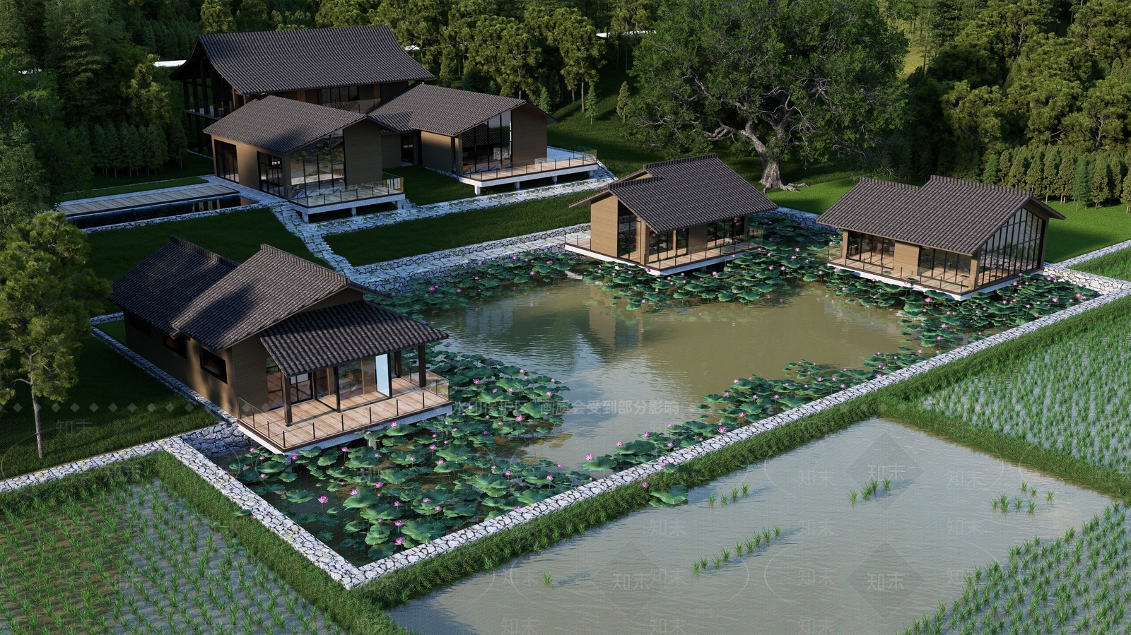 新中式景观风格建筑SU模型下载【ID:1231954940】