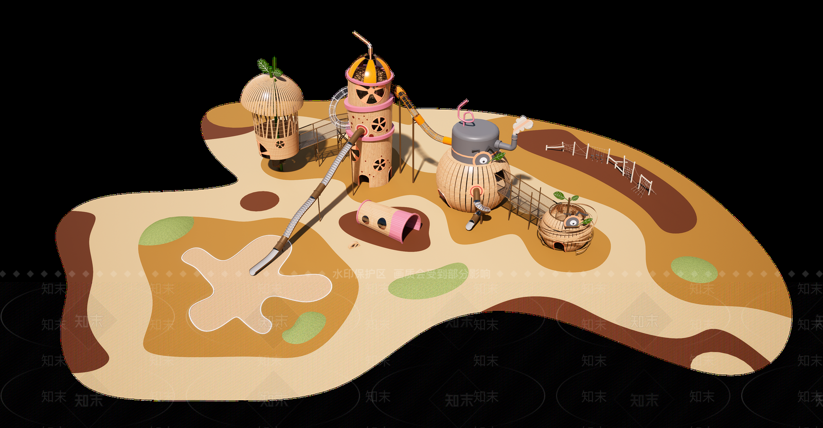 原木风儿童游乐空间SU模型下载【ID:1231954936】
