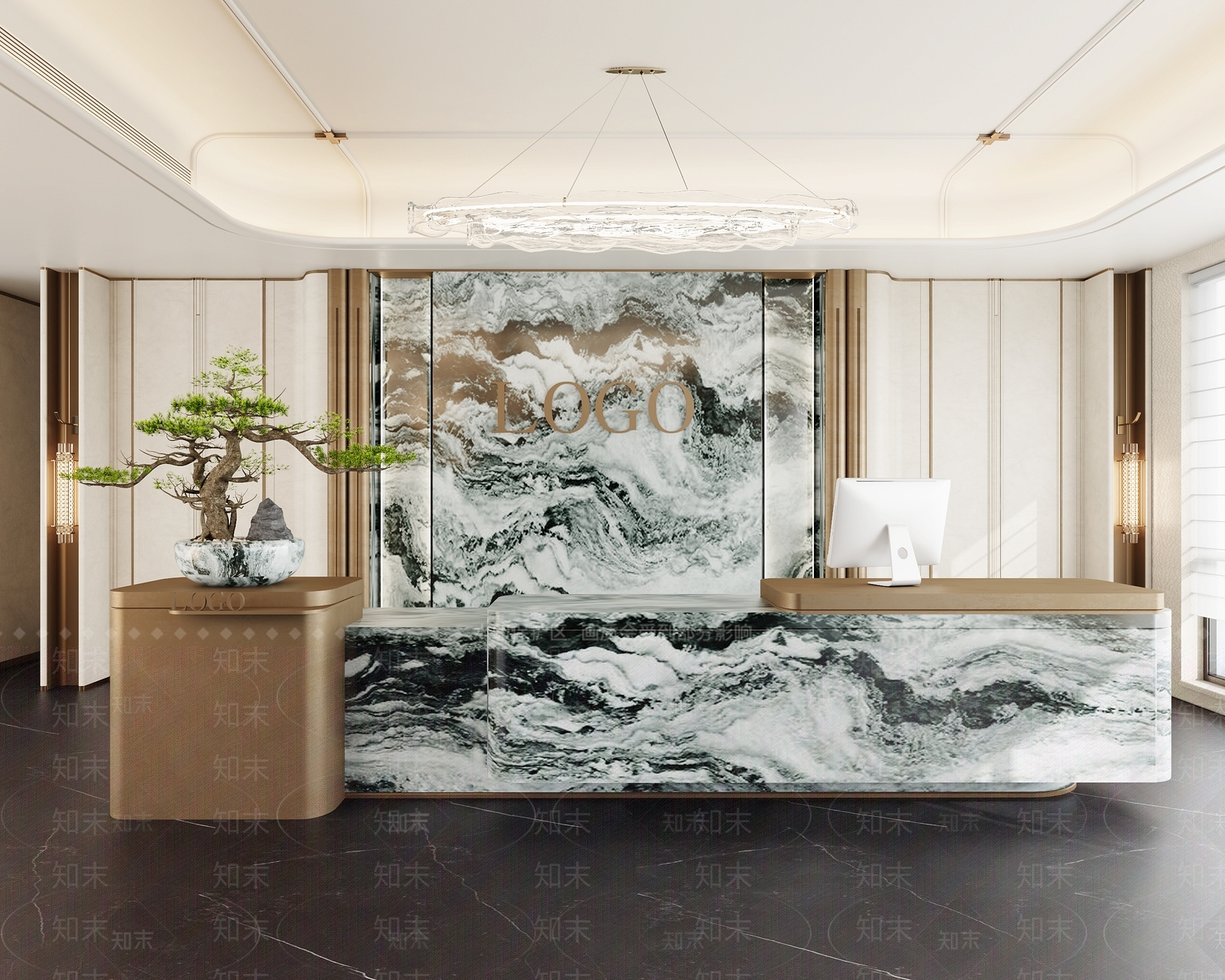 新中式办公大堂SU模型下载【ID:1232025407】
