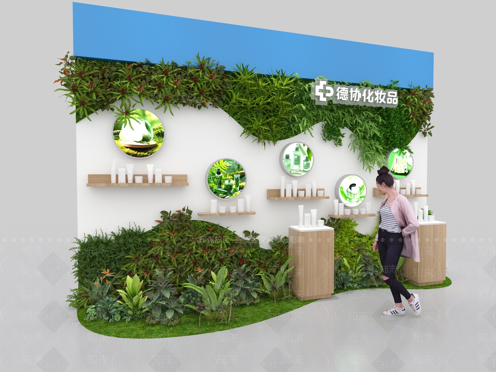 原木风化妆品展台3D模型渲染效果图