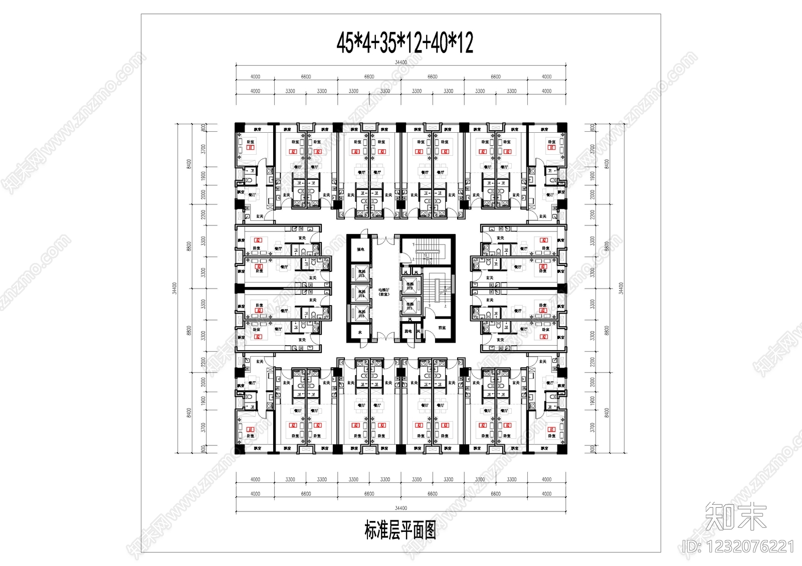公寓建筑cad施工图下载【ID:1232076221】