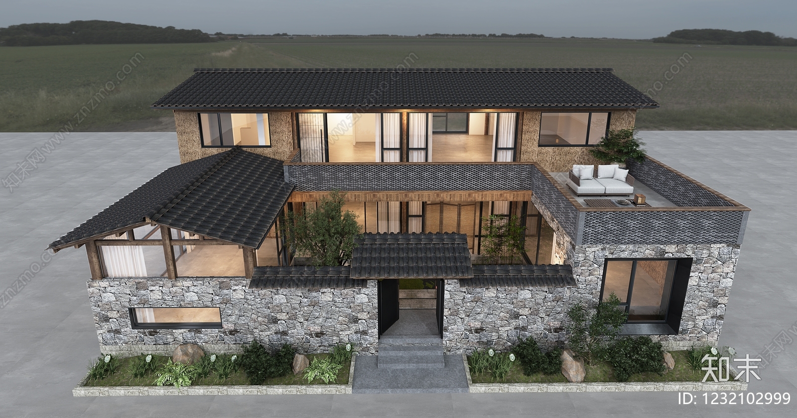 新中式别墅外观3D模型下载【ID:1232102999】