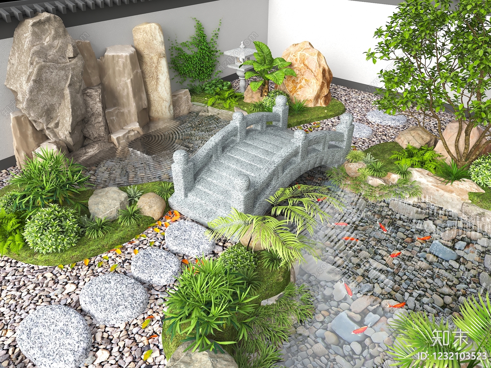新中式景观人工水池3D模型下载【ID:1232103523】