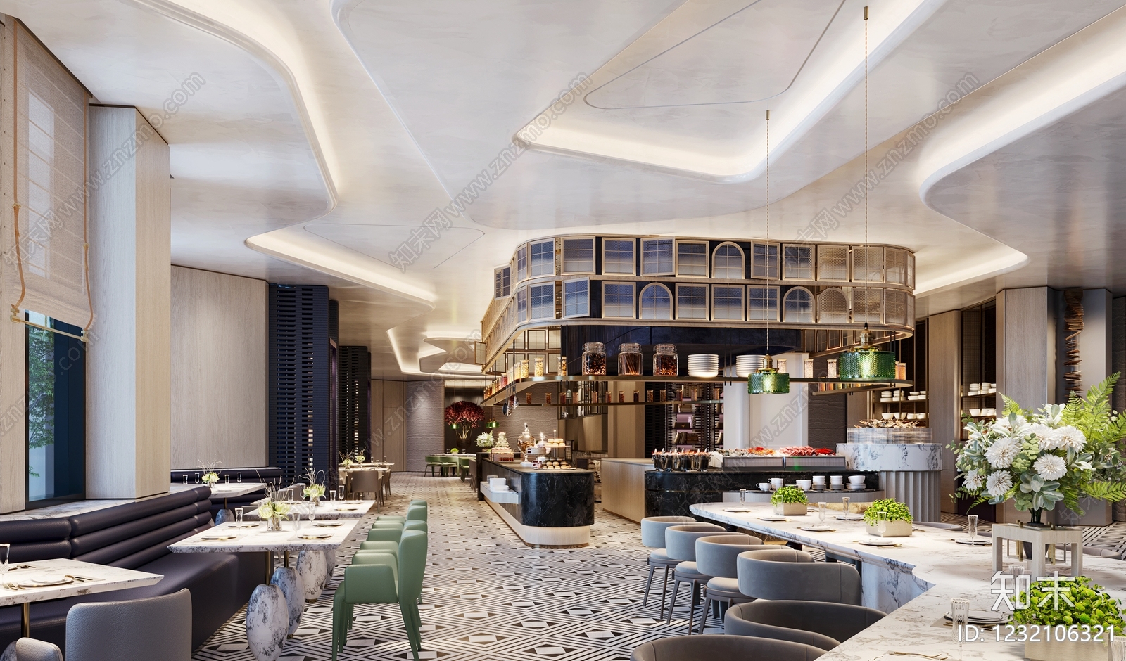 轻奢酒店餐厅3D模型下载【ID:1232106321】
