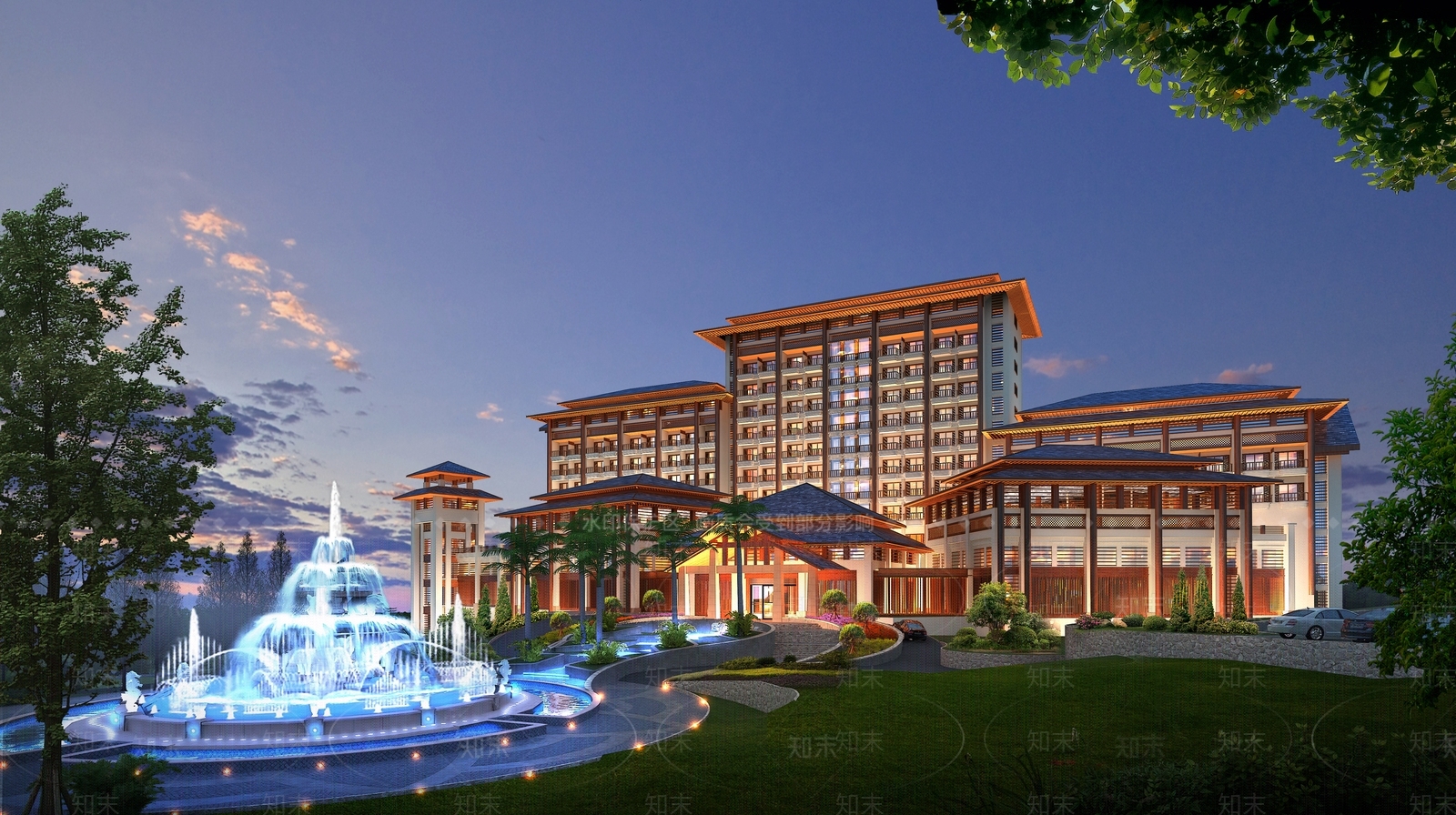新中式景观酒店建筑SU模型下载【ID:1232113052】