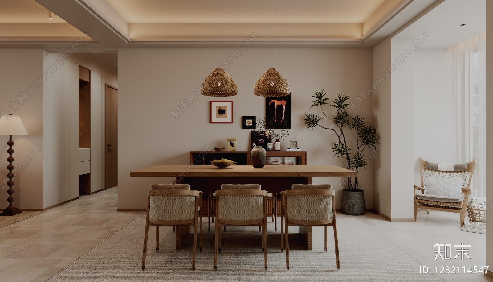 原木风家居餐厅3D模型下载【ID:1232114547】