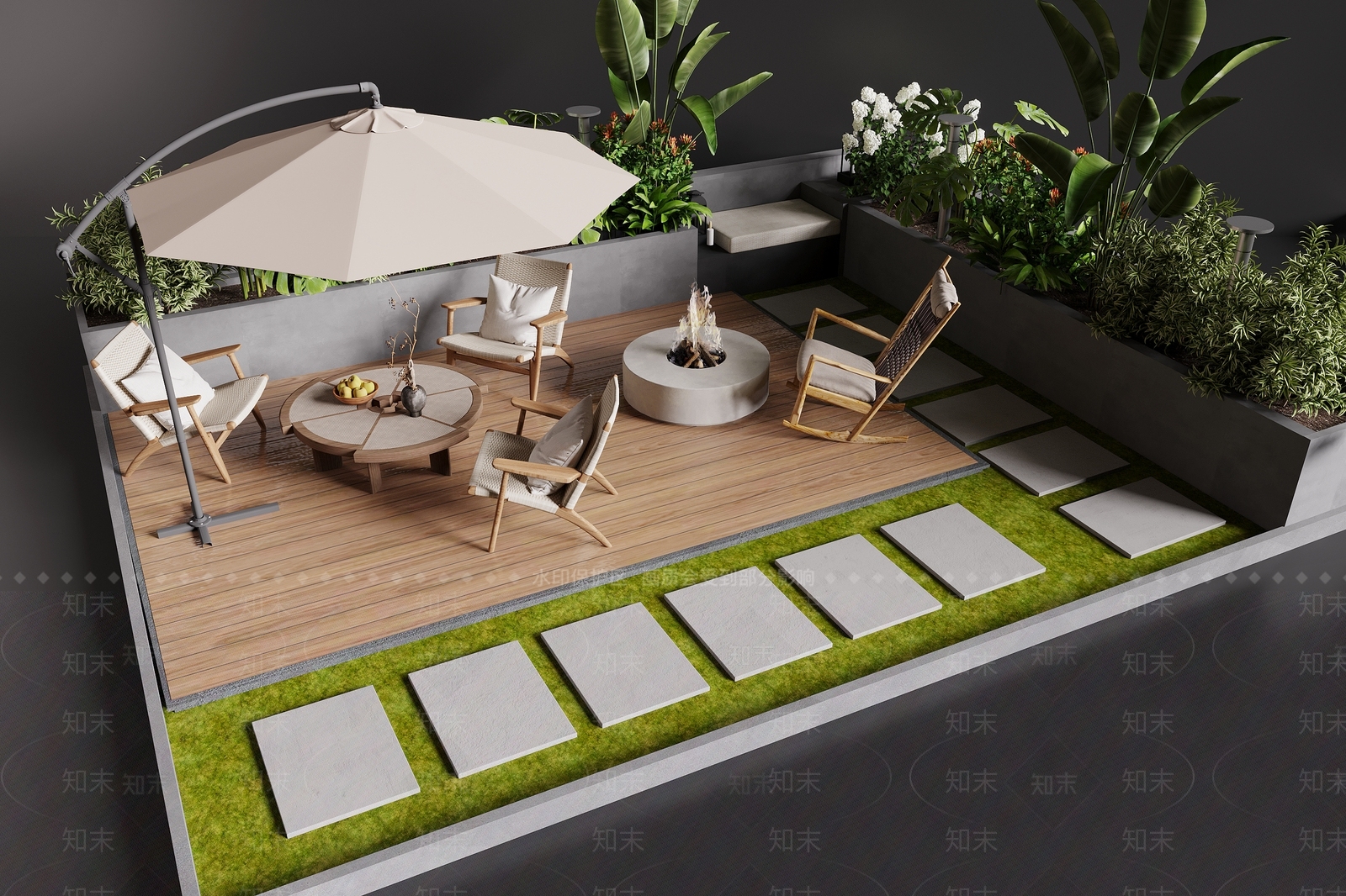 原木风休憩花园3D模型下载【ID:1232117526】