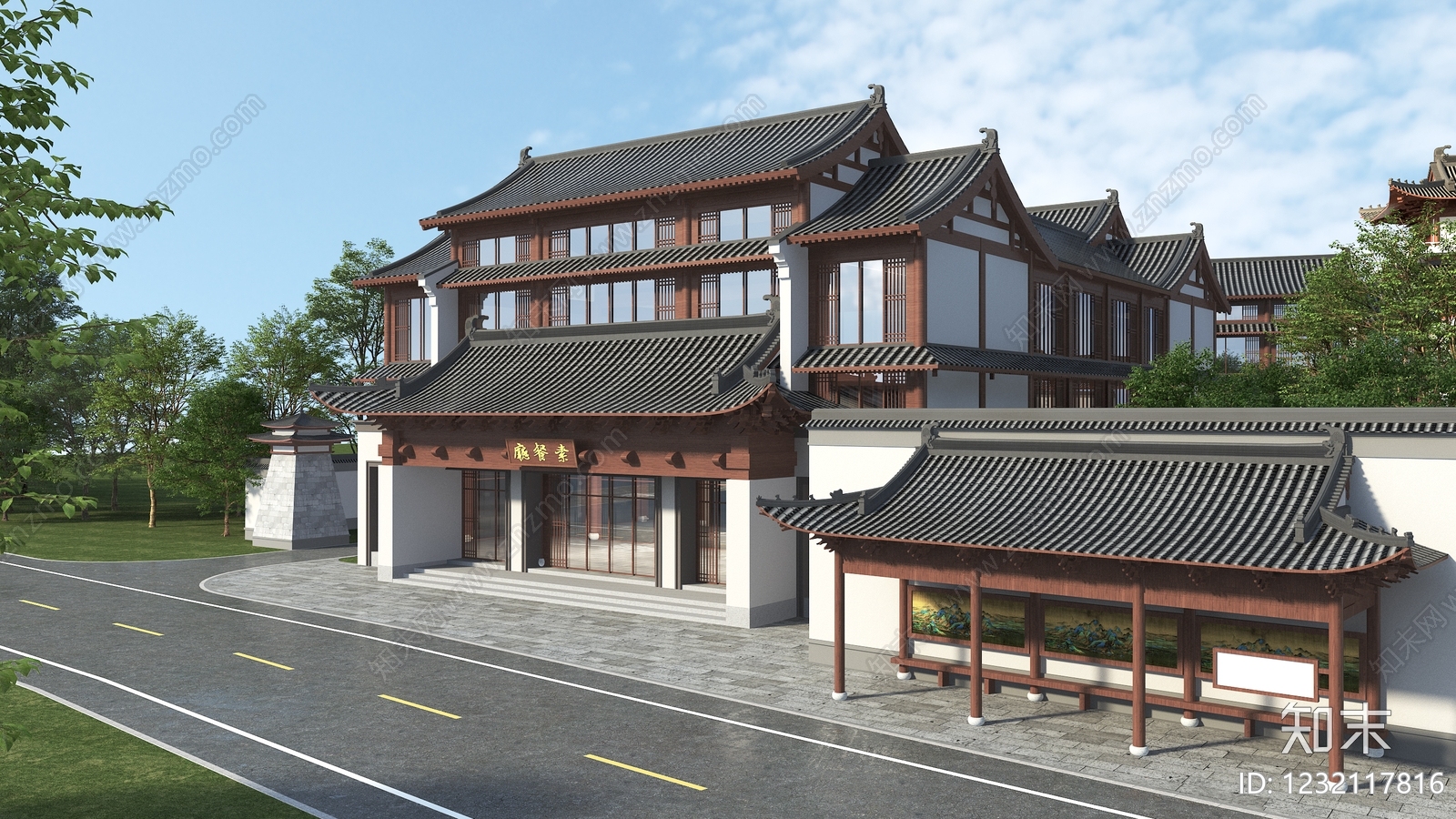 中式古建古建3D模型渲染效果图