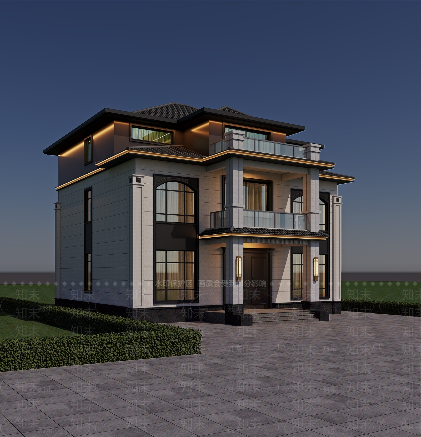 新中式别墅外观3D模型下载【ID:1232120883】