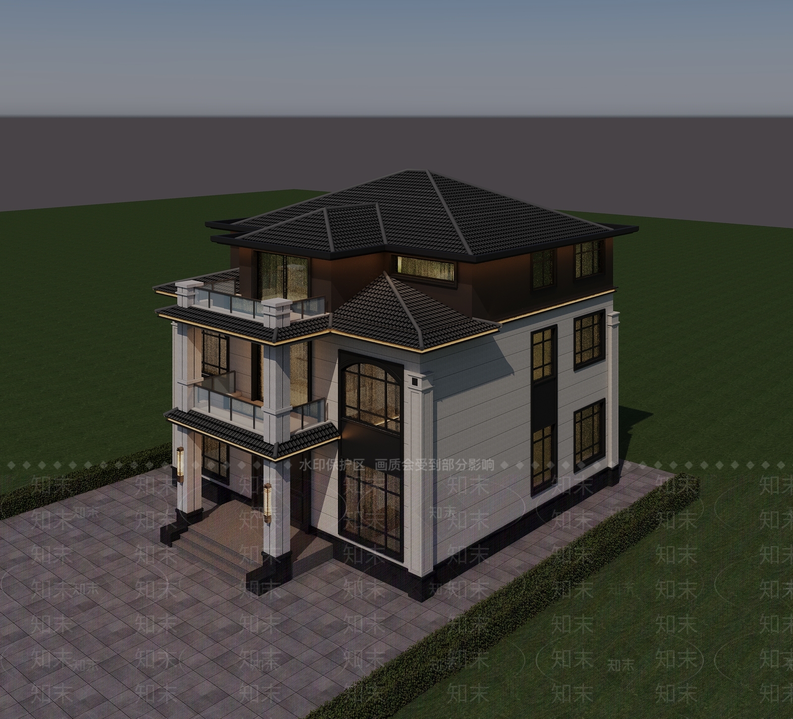 新中式别墅外观3D模型下载【ID:1232120883】