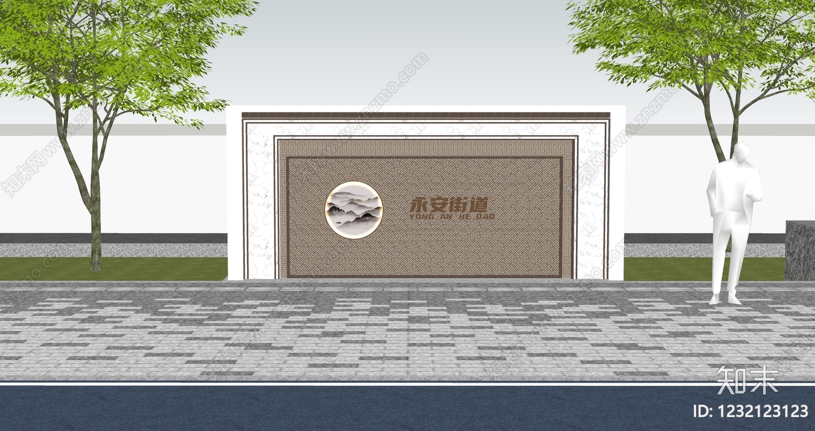 新中式景观景墙SU模型下载【ID:1232123123】