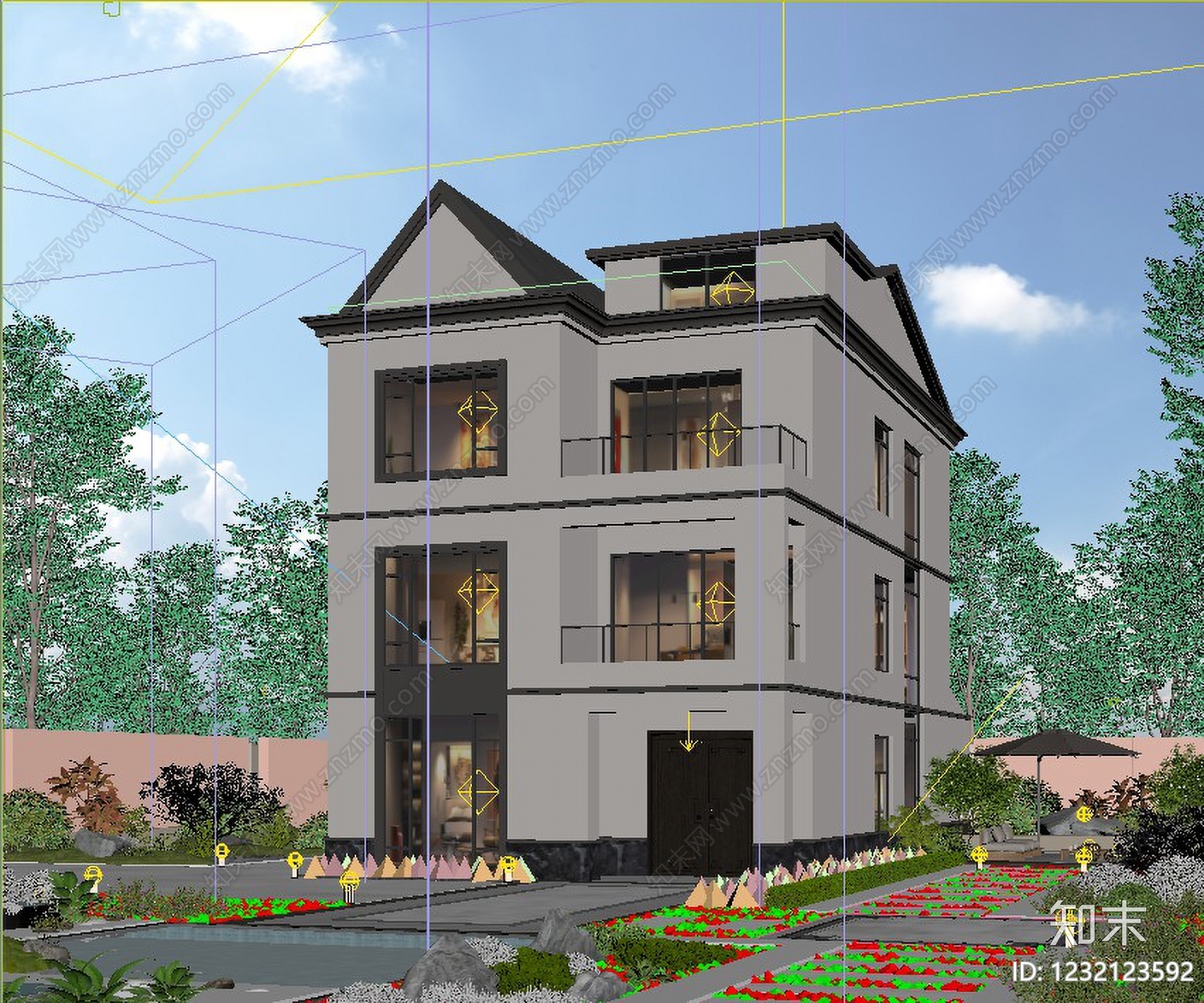 新中式别墅外观3D模型下载【ID:1232123592】