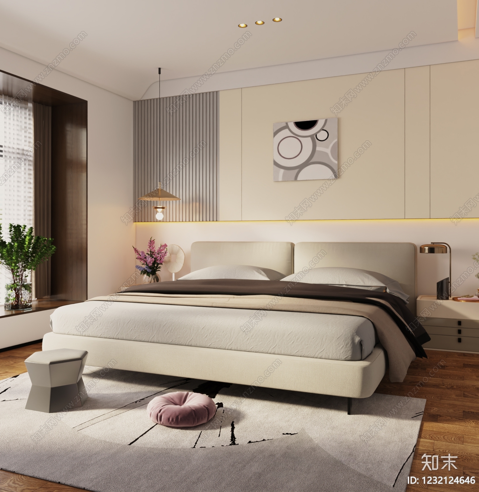 奶油风主卧3D模型下载【ID:1232124646】