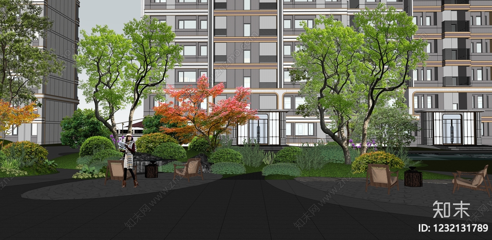 新中式景观小区景观SU模型下载【ID:1232131789】
