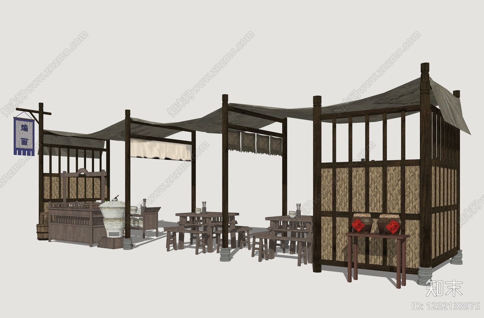 中式古风小吃摊SU模型下载【ID:1232133975】