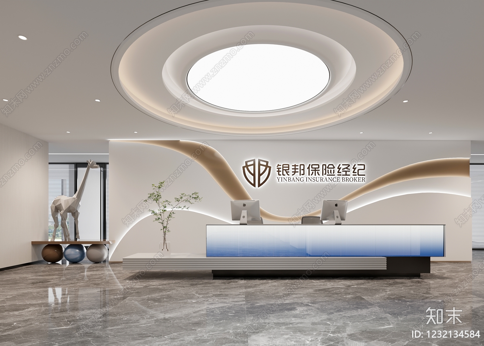 现代简约办公大厅3D模型下载【ID:1232134584】