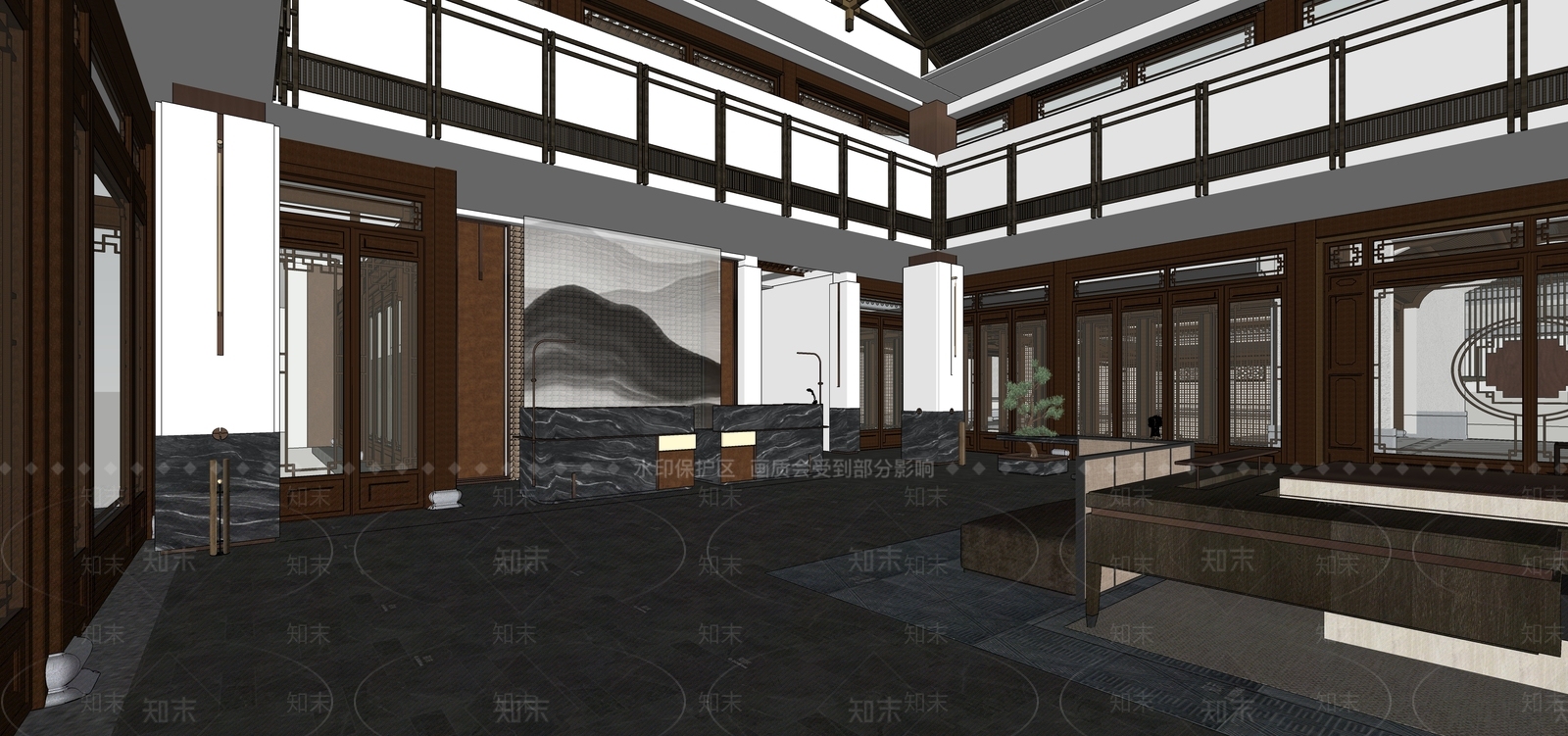 新中式酒店大堂SU模型下载【ID:1232156990】