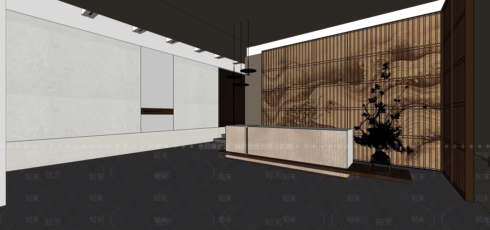 新中式办公大堂SU模型下载【ID:1232157231】
