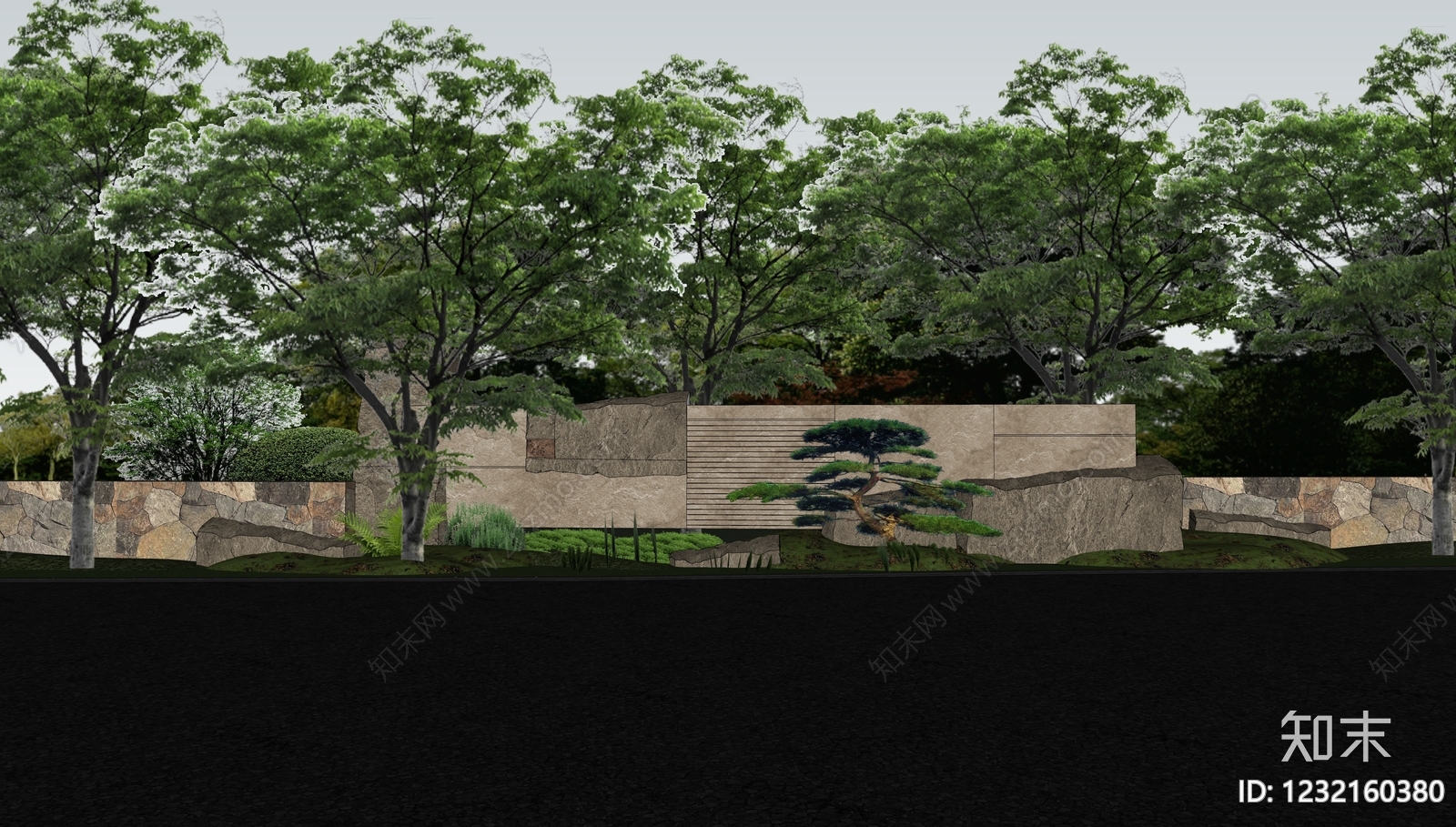新中式景观景墙SU模型下载【ID:1232160380】