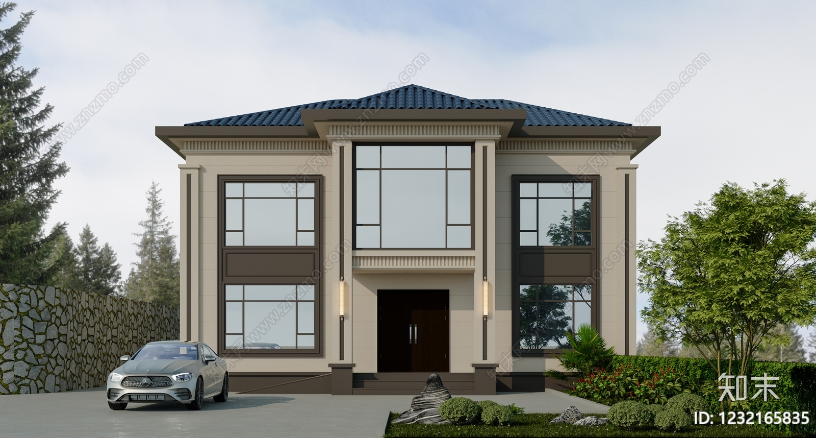 新中式别墅外观3D模型下载【ID:1232165835】