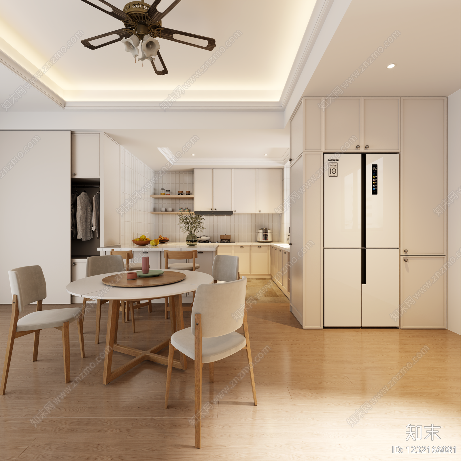 奶油风岛台餐厅3D模型下载【ID:1232166081】
