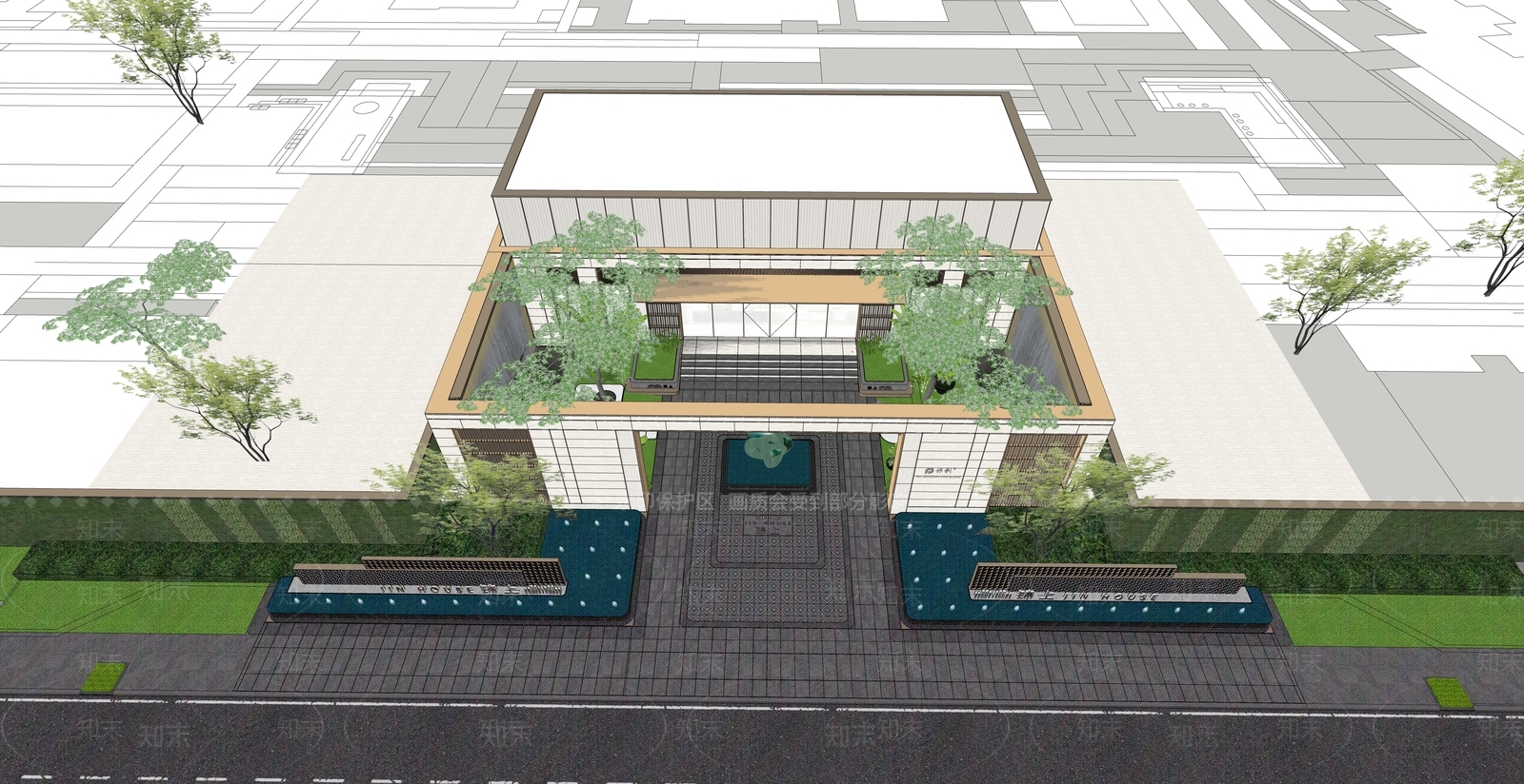 新中式景观售楼处建筑SU模型下载【ID:1232166303】