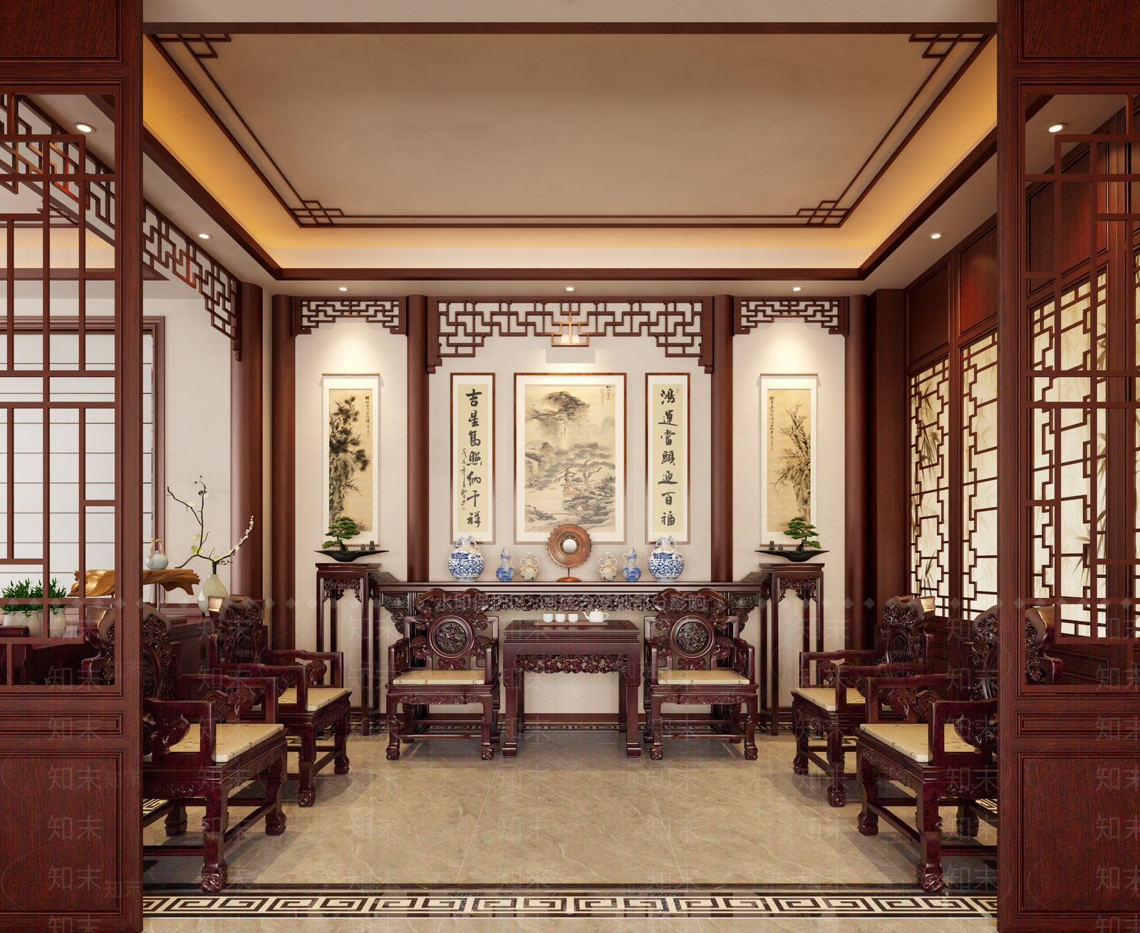 中式别墅客厅3D模型下载【ID:1232168036】