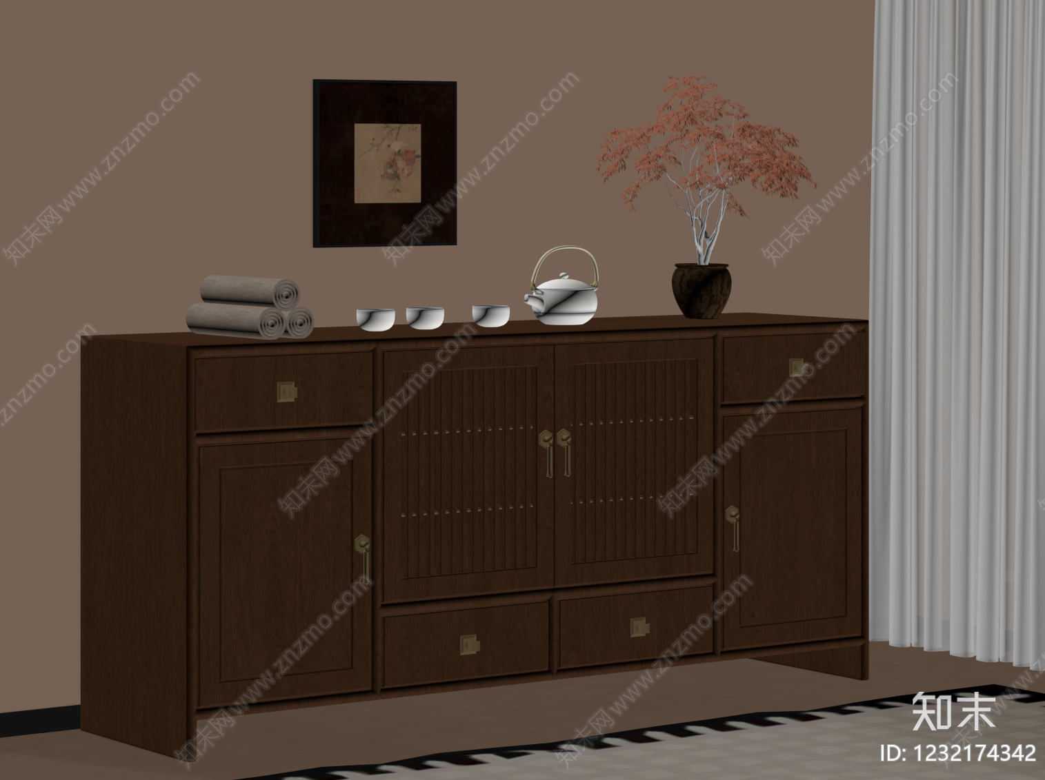 新中式玄关柜SU模型下载【ID:1232174342】