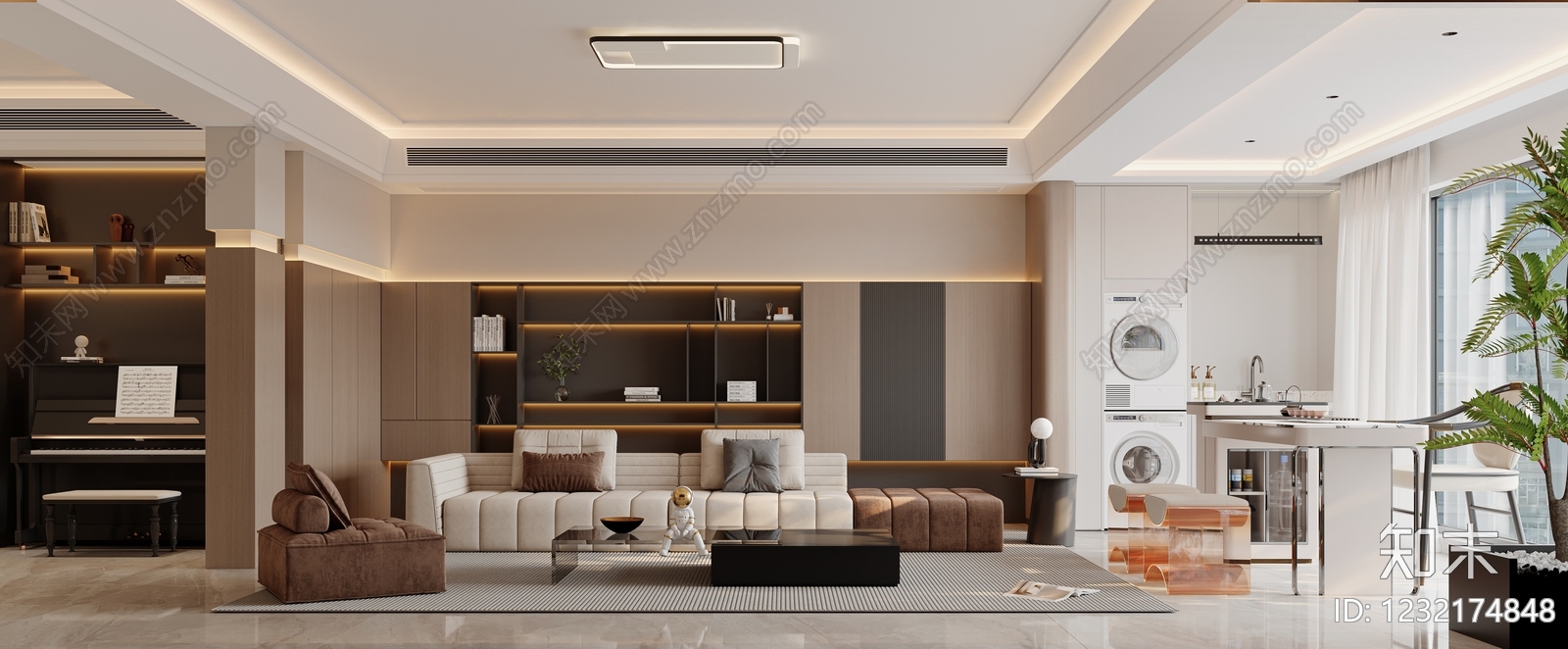 现代简约大平层客餐厅3D模型下载【ID:1232174848】