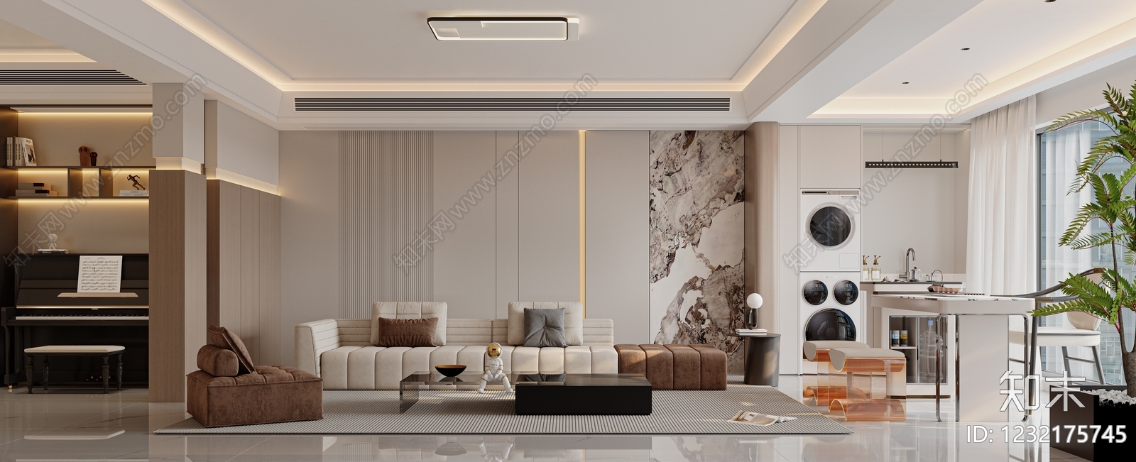 现代简约大平层客餐厅3D模型下载【ID:1232175745】