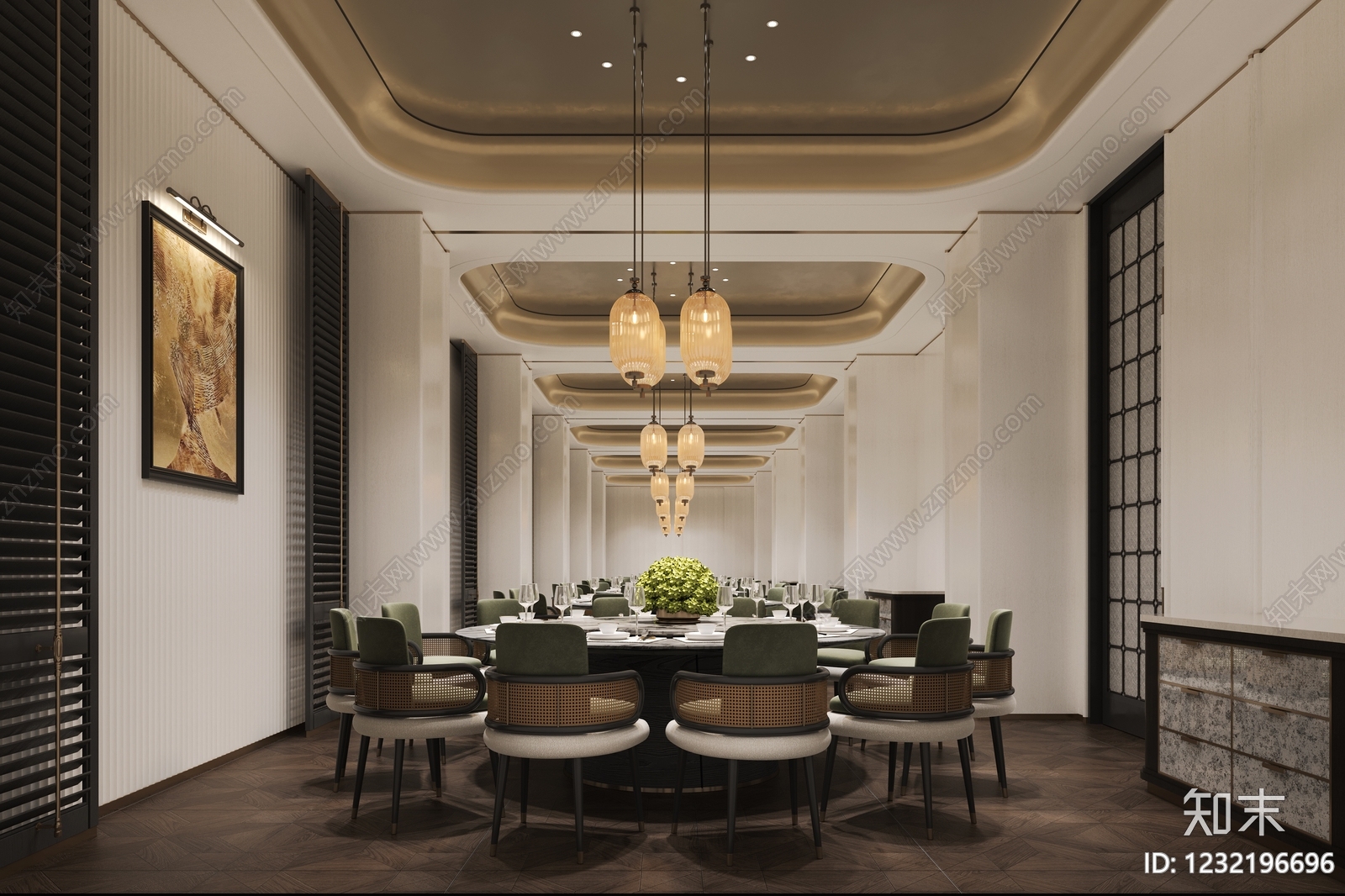 新中式酒店餐厅3D模型下载【ID:1232196696】