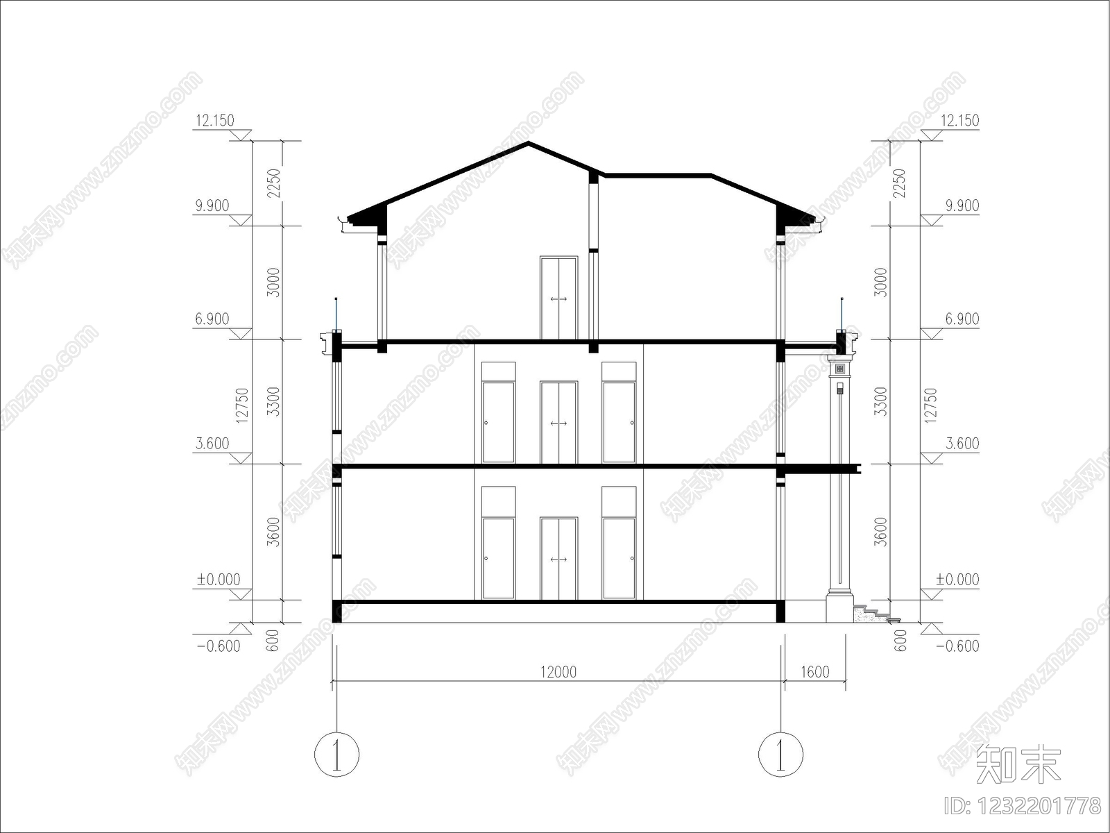 别墅建筑cad施工图下载【ID:1232201778】