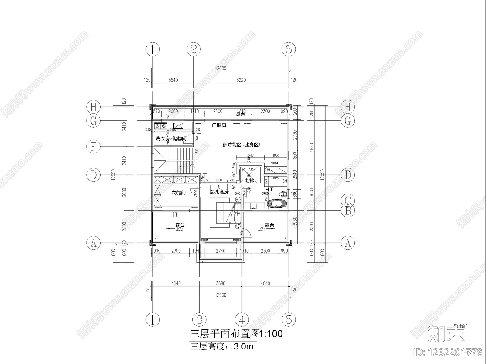 别墅建筑cad施工图下载【ID:1232201778】