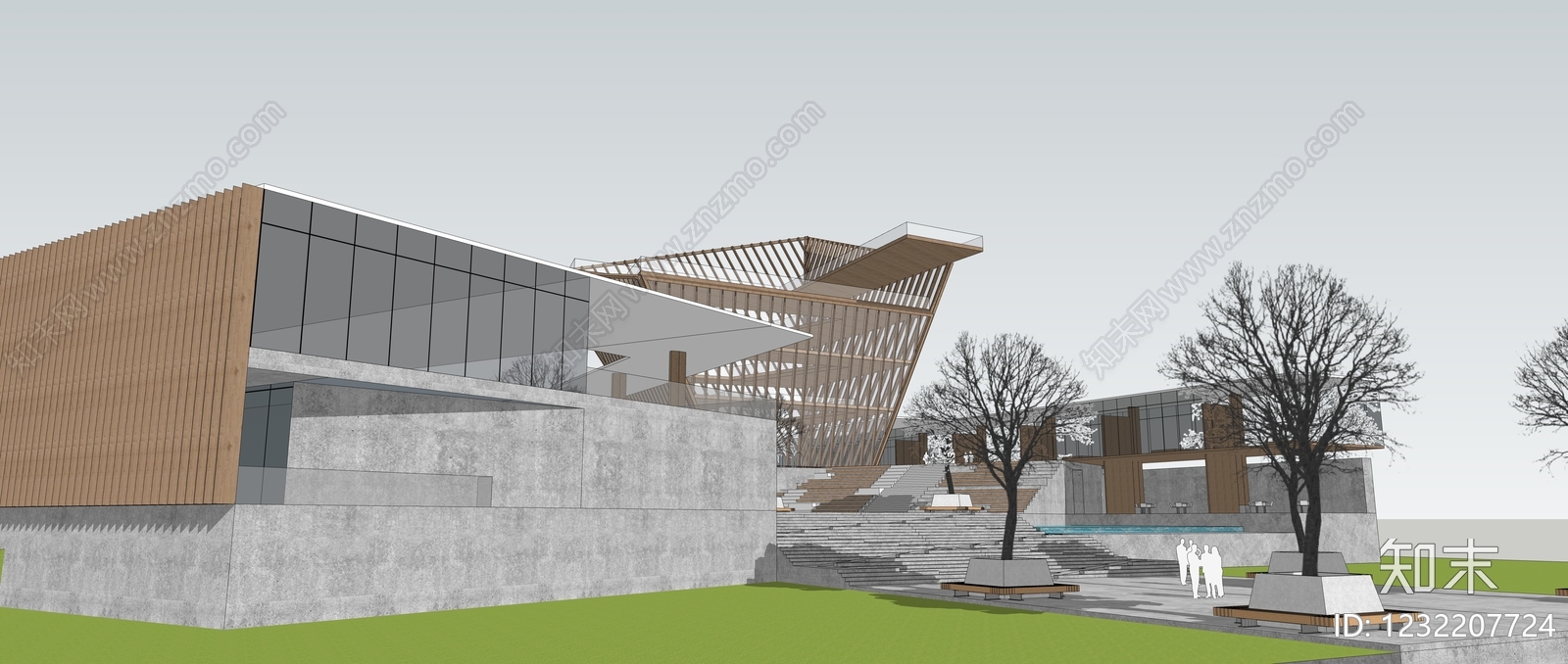 现代主义展览馆建筑SU模型下载【ID:1232207724】