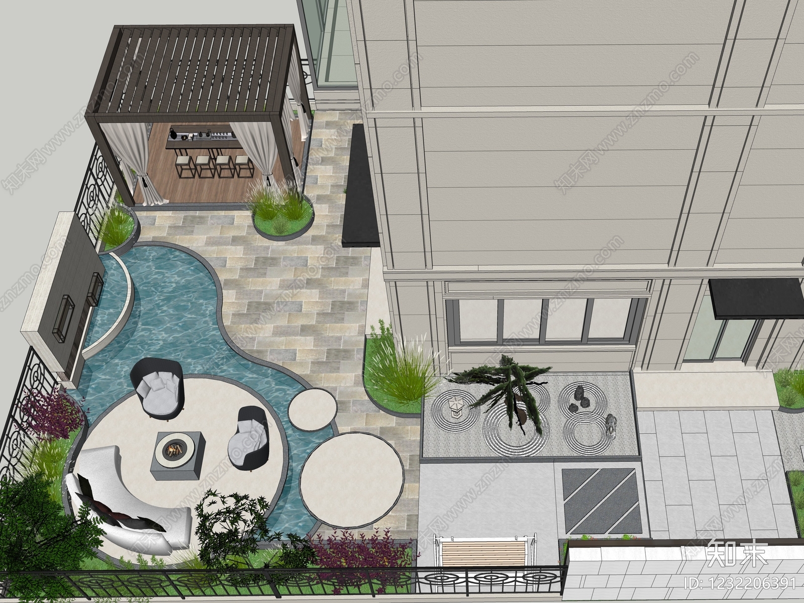 新中式景观别墅庭院SU模型下载【ID:1232206391】