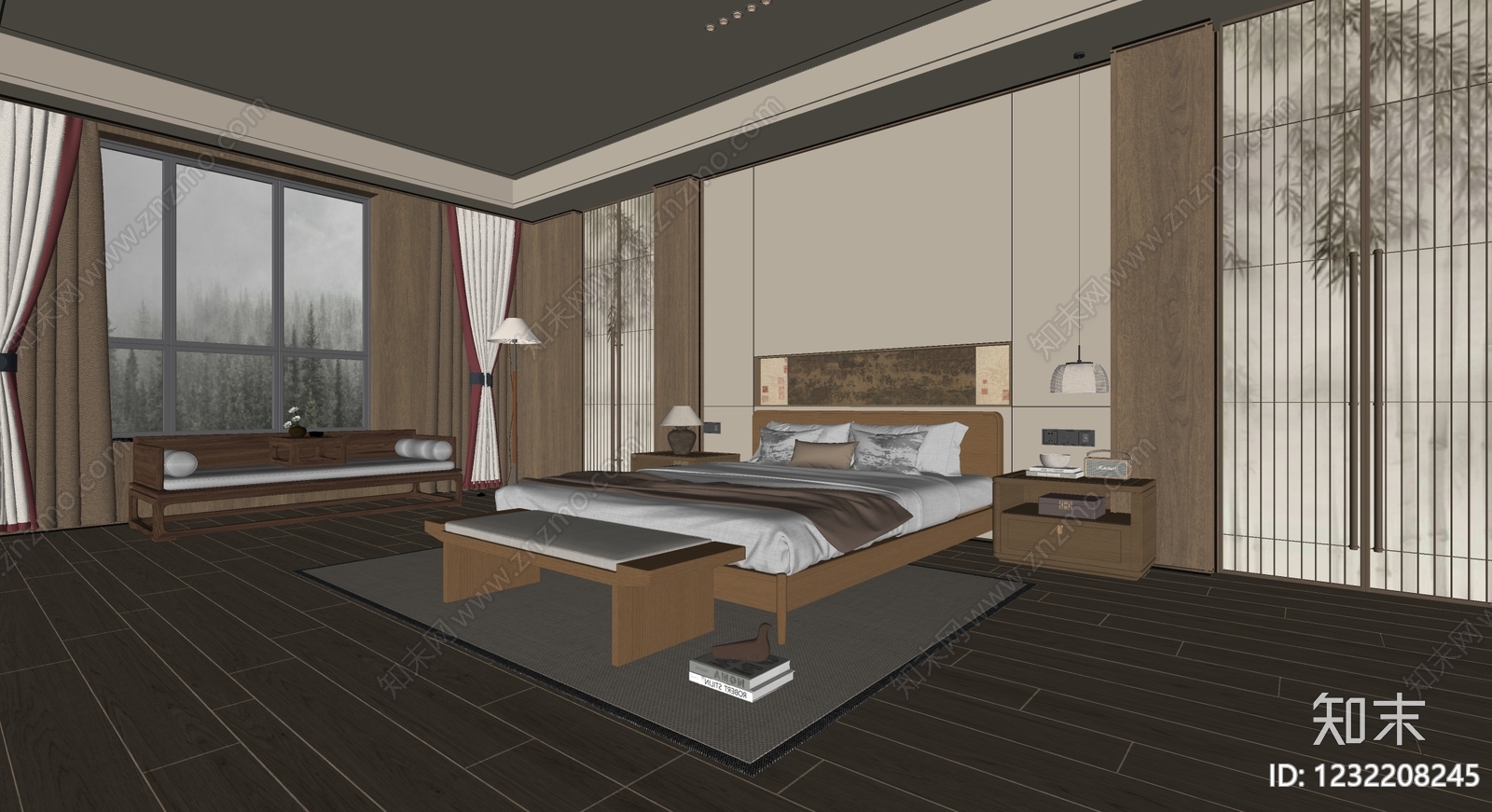 新中式主卧SU模型下载【ID:1232208245】