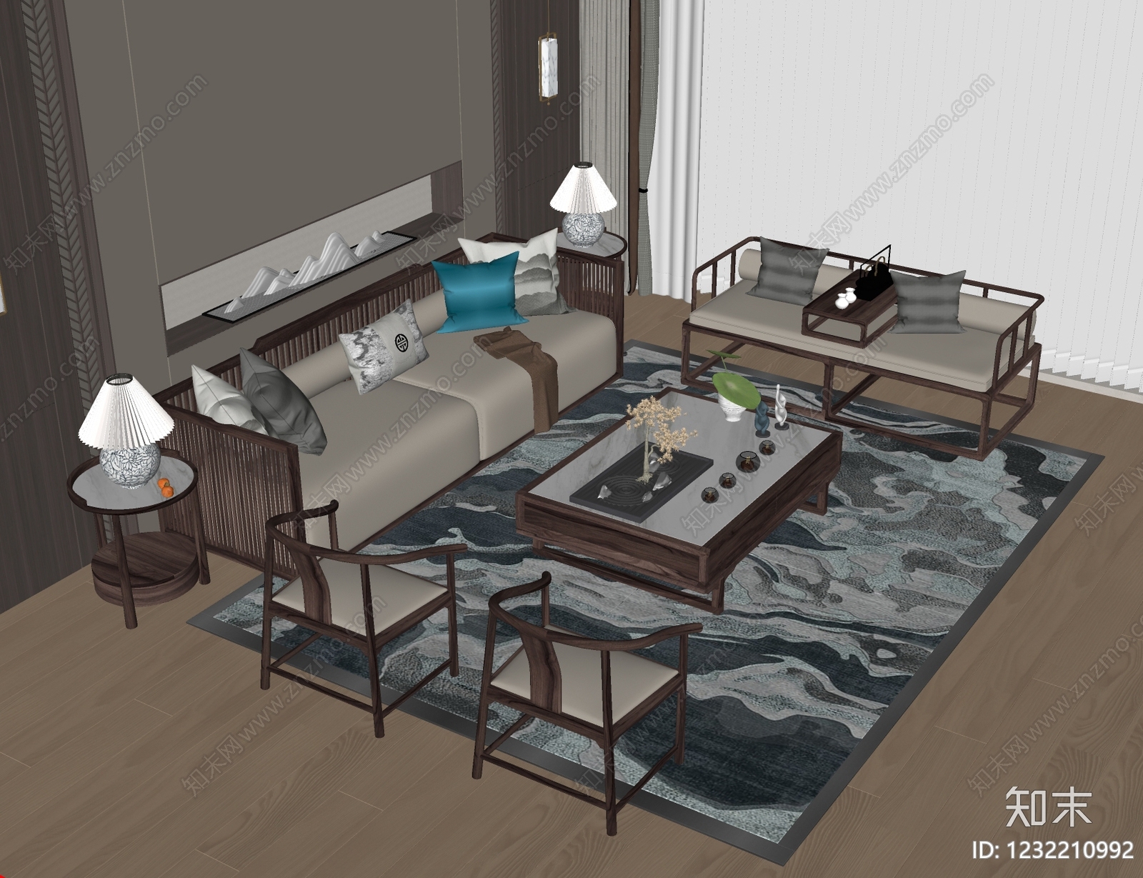 新中式家居客厅SU模型下载【ID:1232210992】