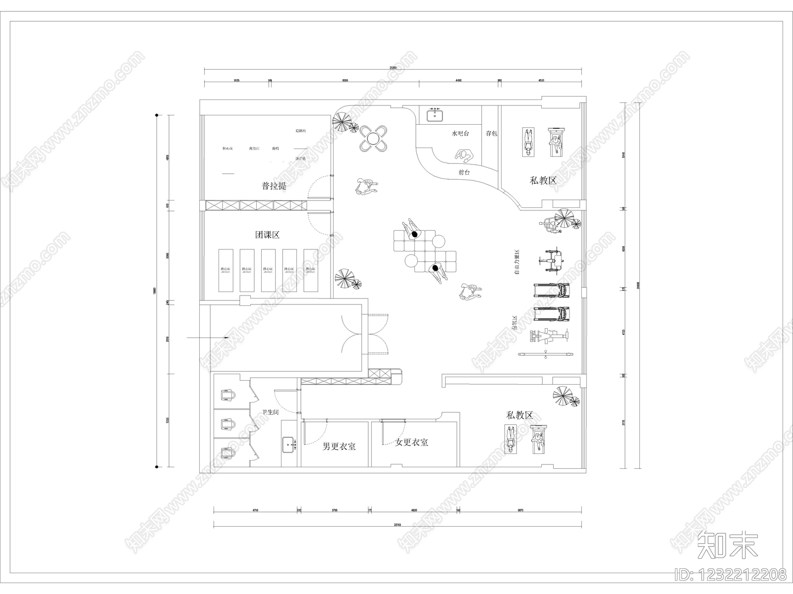 30套普拉提瑜伽馆健身房瑜伽室CAD施工图效果图cad施工图下载【ID:1232212208】