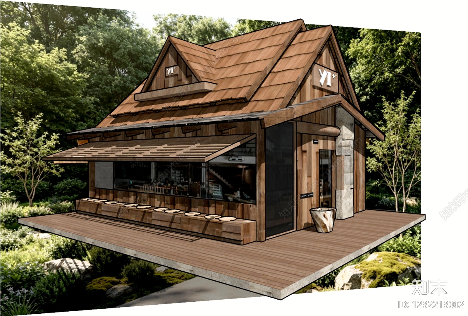 原木风餐饮建筑SU模型下载【ID:1232213002】