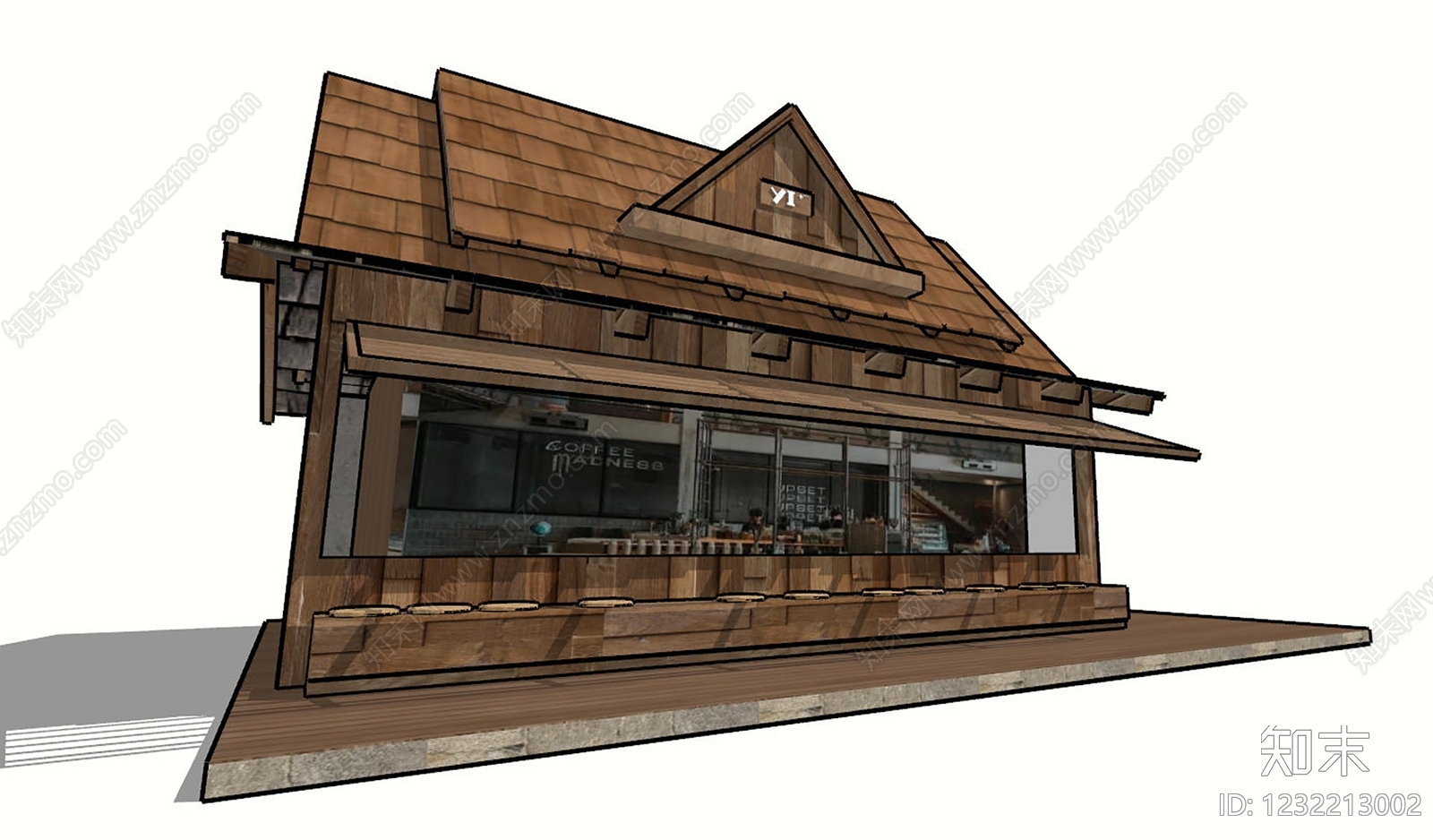 原木风餐饮建筑SU模型下载【ID:1232213002】