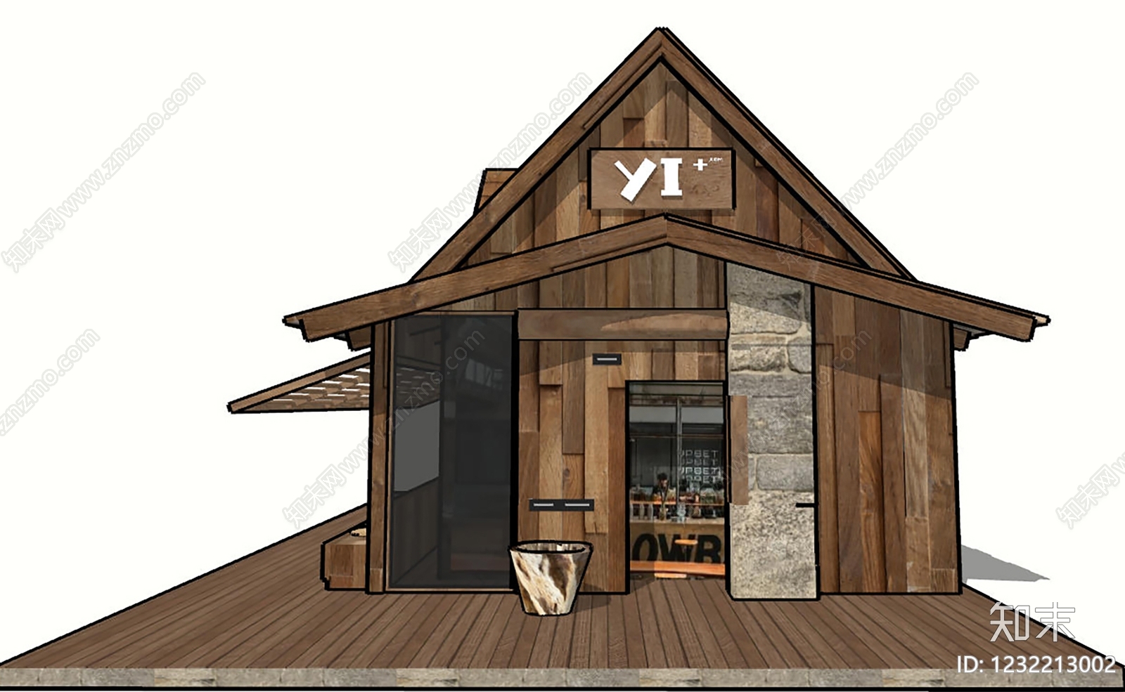 原木风餐饮建筑SU模型下载【ID:1232213002】
