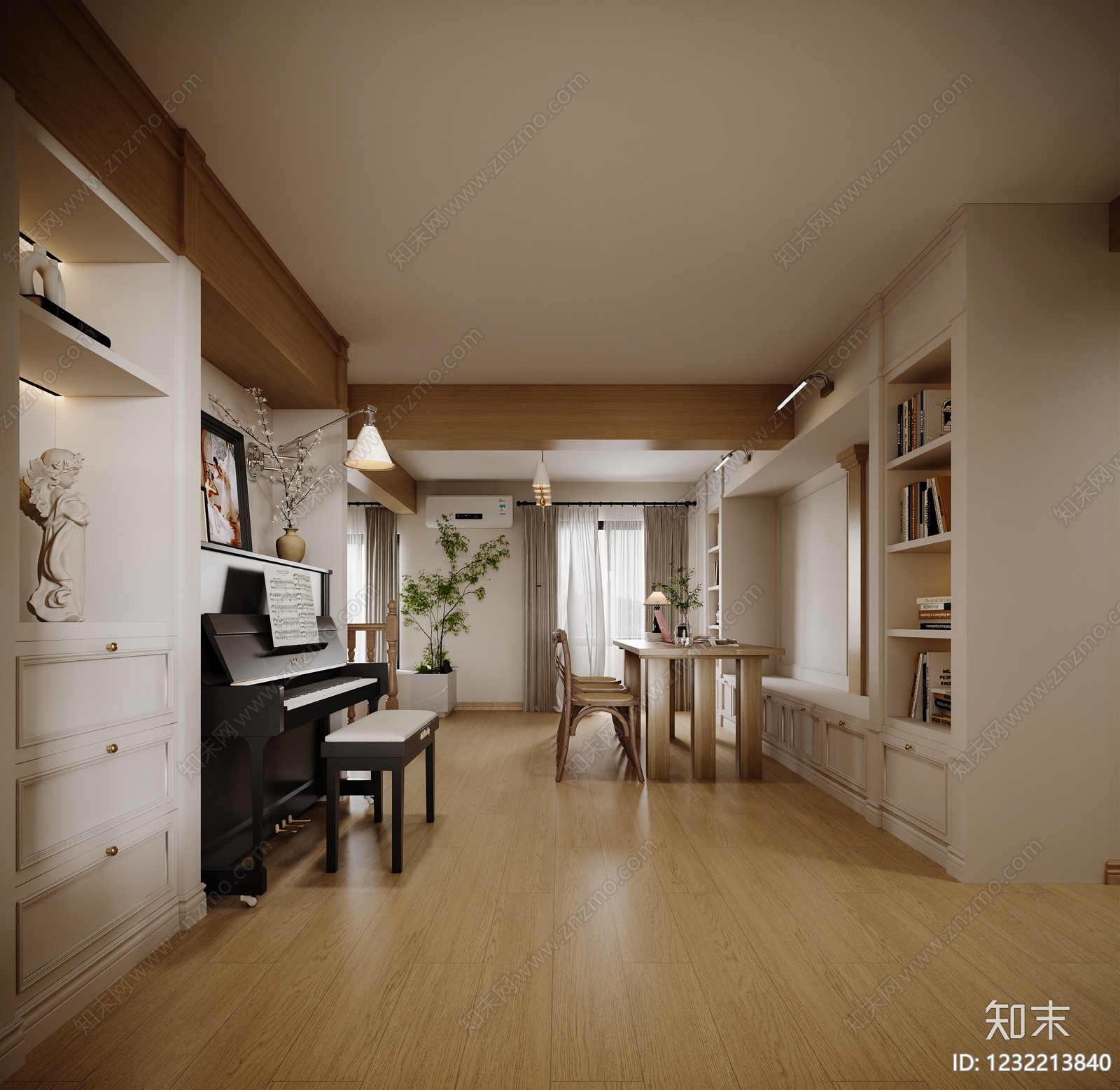 原木风开放式书房3D模型下载【ID:1232213840】