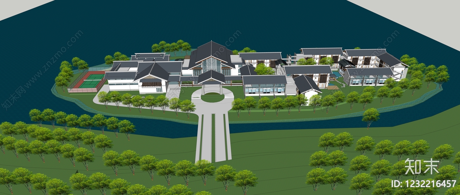 新中式景观酒店建筑SU模型草图