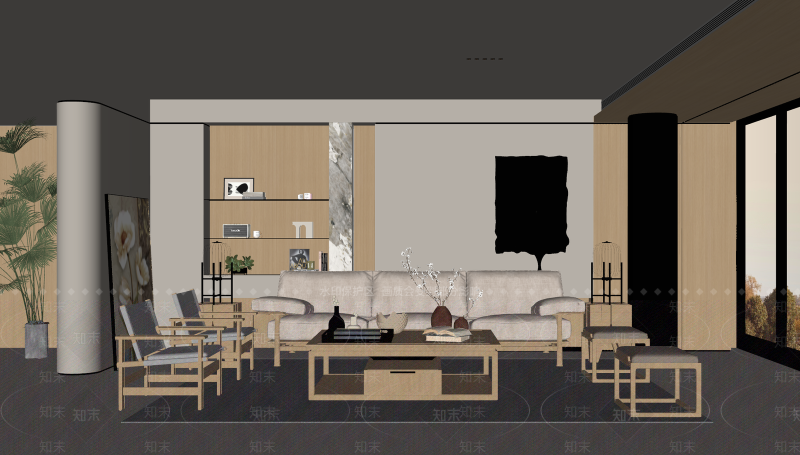 原木风家居客厅SU模型下载【ID:1232221678】